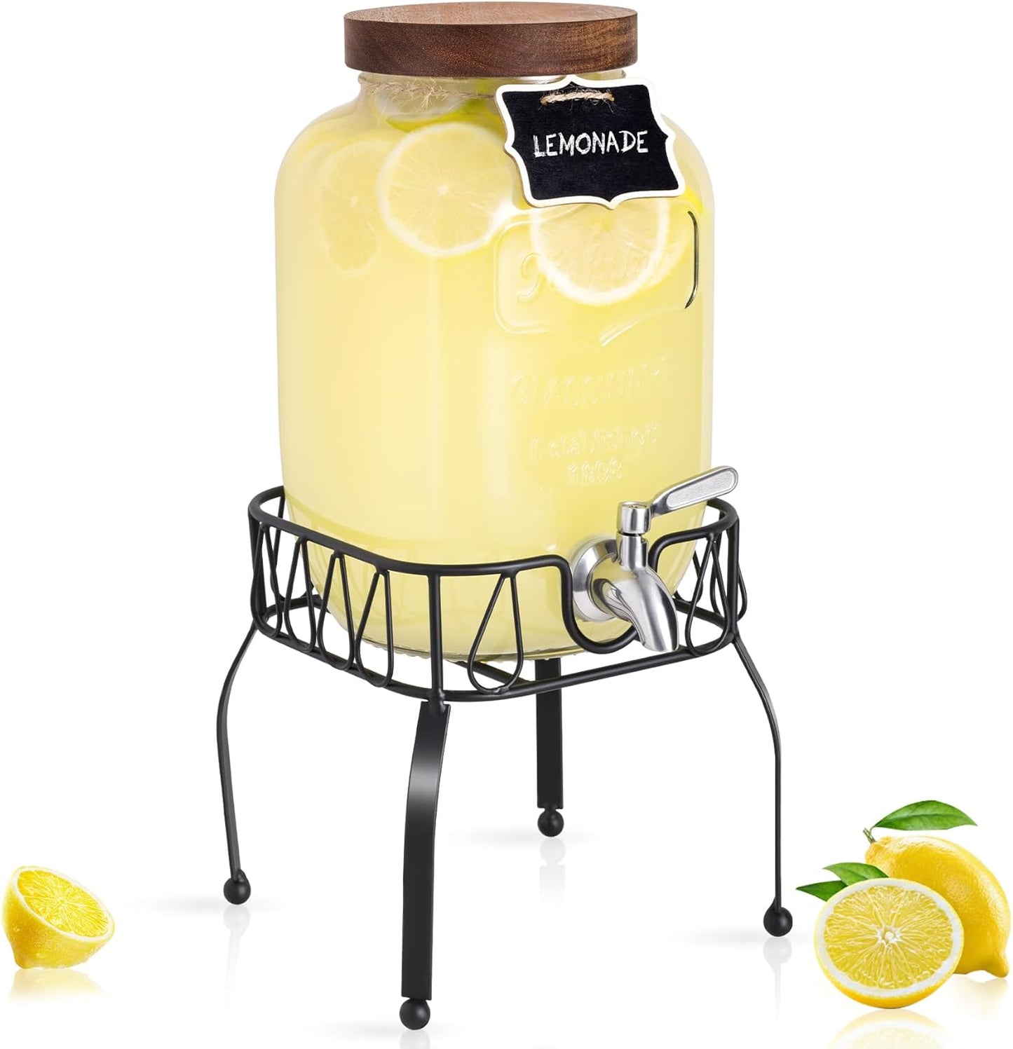 mustry Glass Drink Dispenser for Parties, 1 Gallon Beverage Dispenser with Stand and Spigot Solid Stainless Steel, Used as Lemonade Dispenser Sun Tea Jar Kombucha Jar, Set of 2
