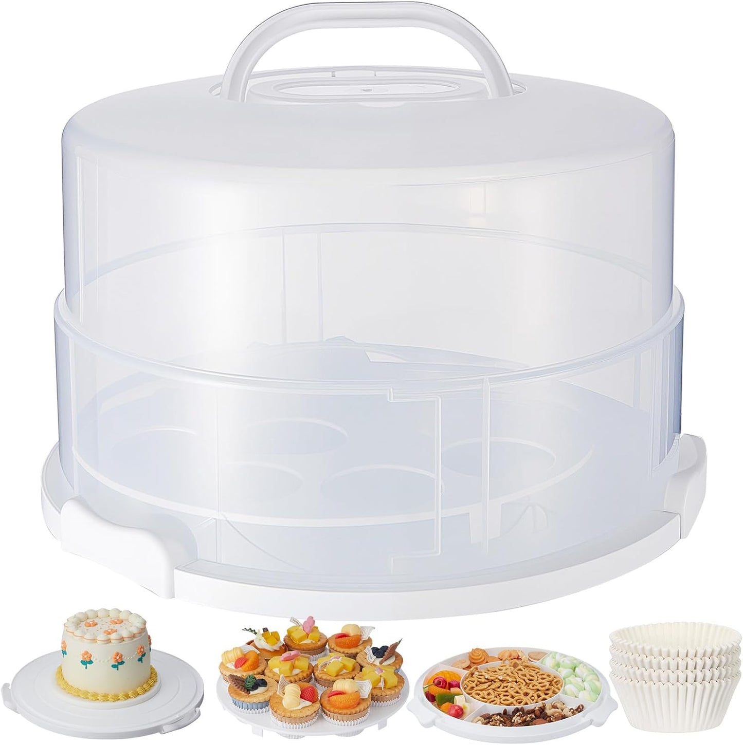 Teenyyou 12 Inch Large Cake Carrier with Lid and Handle for 12" Round 7" High Cake Adjustable Plastic Pies Carrier Portable Cupcakes Transport Container for Cookies Pizza and More(Pink)