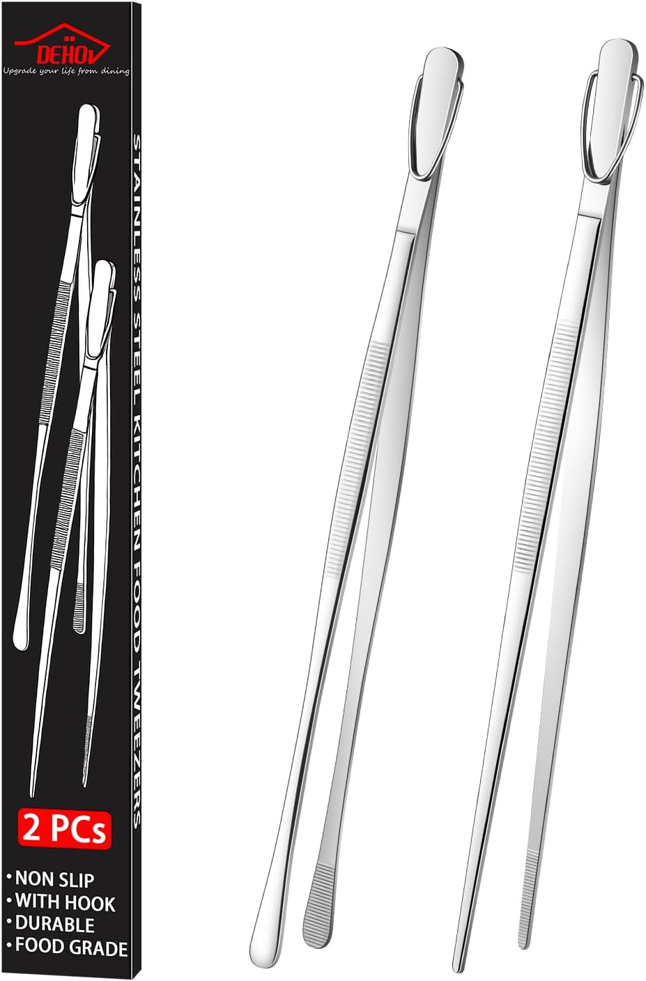 DEHOV 12 Inch Gold Stainless Steel Kitchen Tweezers For Cooking Tongs Set of 2, Metal Long Food Tweezers, BBQ Grill Tongs For Pasta