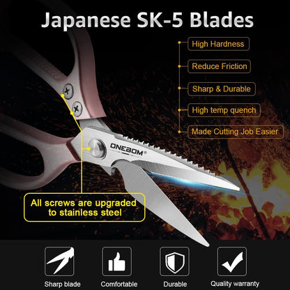 ONEBOM Kitchen Shears 2 Pack,Multi-Function Kitchen Scissors Heavy Duty Sharp 304 Stainless Steel, Apartment Kitchen Accessories Cooking Shears for Chicken,Meat,Fish,Poultry(Sliver)