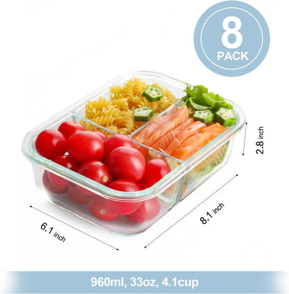 Bayco 8 Pack Glass Meal Prep Containers 3 Compartment, Glass Food Storage Containers with Lids, Airtight Lunch Bento Boxes, Leak Proof (8 lids & 8 Container) - Grey