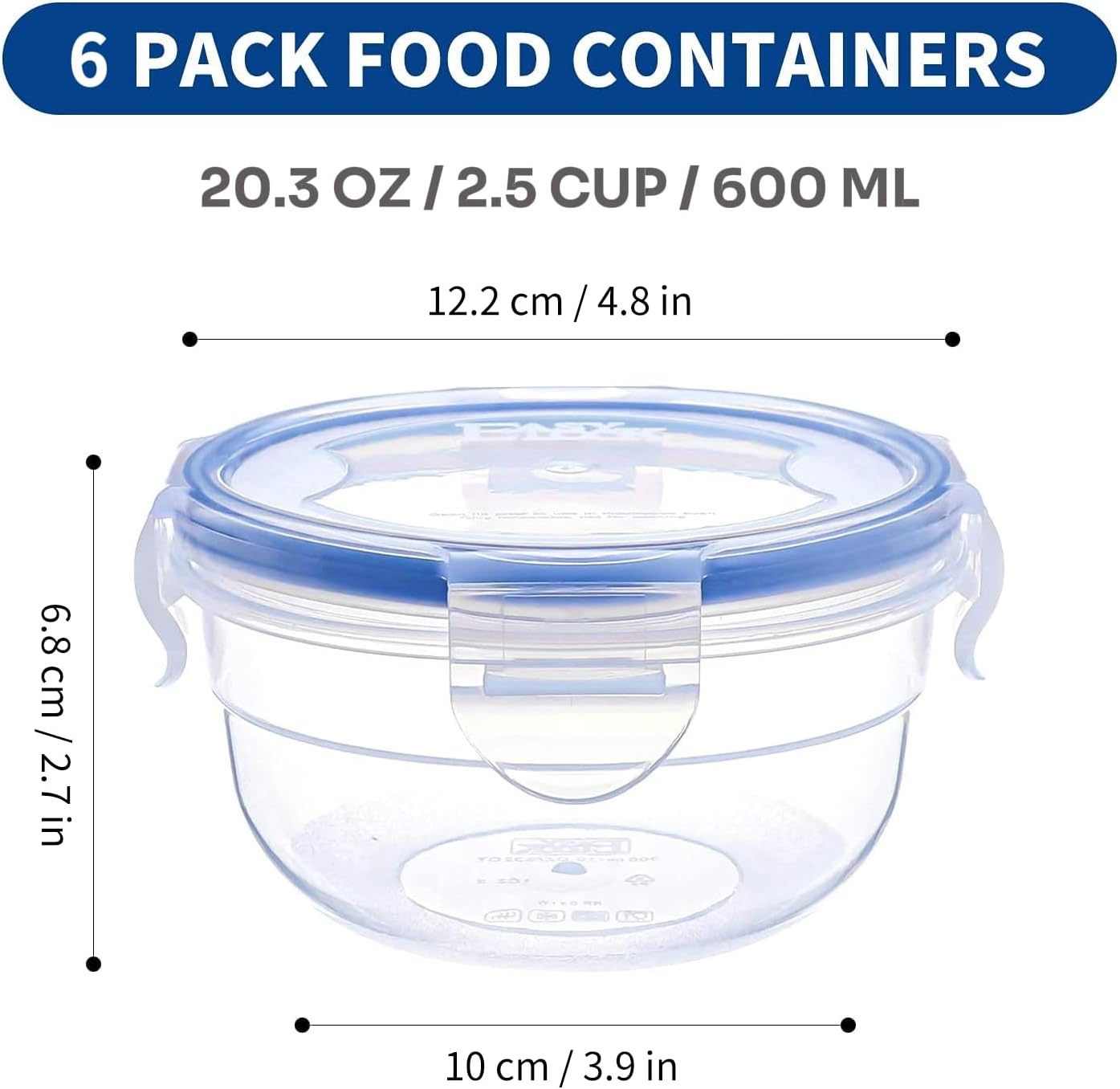 KIGI Airtight Reusable Meal Prep Containers, Leak-Proof & Stackable, 4-Sided Locking Lids, Ideal for Food Storage, Lunch & Leftovers, Microwave, Freezer & Dishwasher Safe, 39 oz, 4.8 Cup, 12 Piece Set