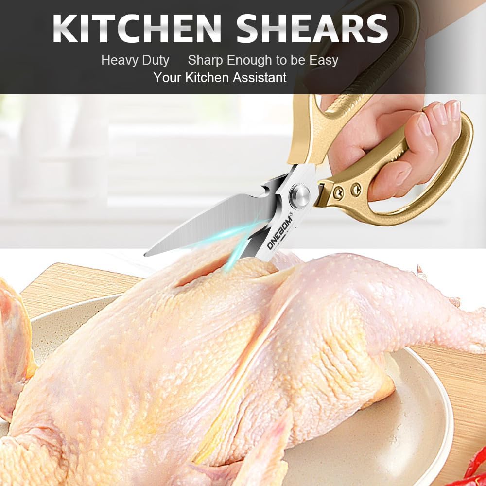 ONEBOM Kitchen Shears 2 Pack,Multi-Function Kitchen Scissors Heavy Duty Sharp 304 Stainless Steel, Apartment Kitchen Accessories Cooking Shears for Chicken,Meat,Fish,Poultry(Sliver)