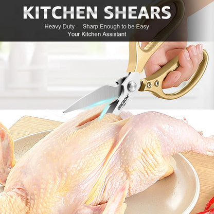 ONEBOM Kitchen Shears 2 Pack,Multi-Function Kitchen Scissors Heavy Duty Sharp 304 Stainless Steel, Apartment Kitchen Accessories Cooking Shears for Chicken,Meat,Fish,Poultry(Sliver)