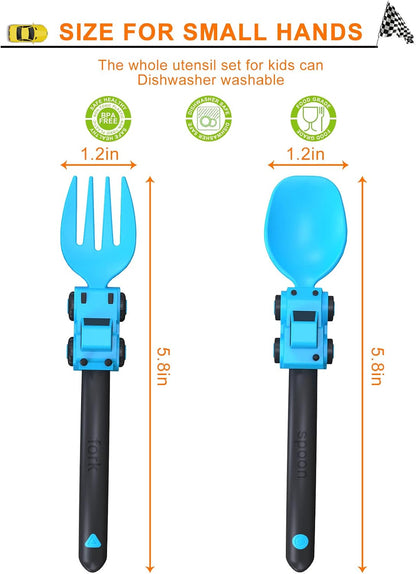 Deinyi Construction Toddler Utensils - Reusable Plastic Toddler Fork and Spoon & Storage Case - Suitable for Kids Utensils - Easter Gifts and Birthday Gifts for 1 2 3 4 5 6 7 year old, Yellow