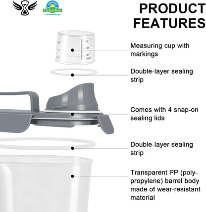 LEAWALK Airtight Rice Storage Container, 3-5Lbs Cereal Dry Food Flour Bin, Pet Dog Cat Food Dispenser with Measuring Cup, BPA Free Plastic Kitchen and Pantry Organization Bin for Sugar-Clear Grey