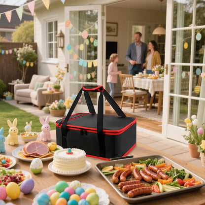Insulated Resuable Casserole Carrier Bag for Hot or Cold Food, Foldable Portable Prep Carrier, Thermal Food Transport Bag for 9''x13'' & 11''x15'' Baking Pan, Travel Picnic Cake Dessert lunch, Black