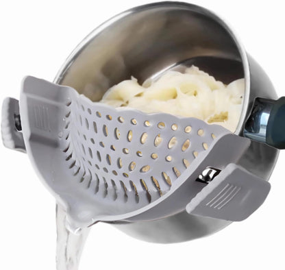 Clip On Strainer Silicone for All Pots and Pans, Pasta Strainer Clip on Food Strainer for Meat Vegetables Fruit Silicone Kitchen Colander (Black)