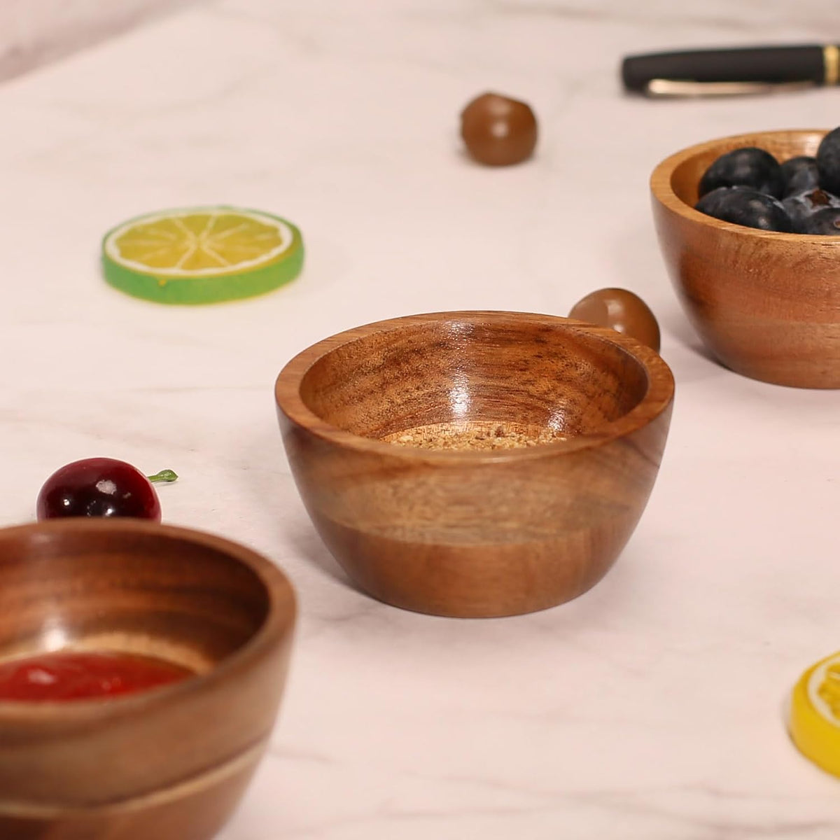 Acacia Wooden Bowls Set, Small Pinch Bowls for Sauces/Dips/Condiments, Mini Serving Bowls for Snacks/Appetizers/Side Dishes/Charcuterie Board, 3 oz Wooden Ramekins, Handmade Reusable, 4 pcs