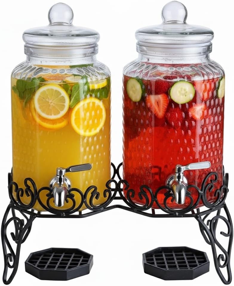 Double Glass Beverage Dispenser Set - Dual 1 Gallon Punch Dispensers with Stand, Spigot, and Drip Trays | Ideal for Juice, Tea, and Party Drinks | Elegant Pitcher for Parties and Events