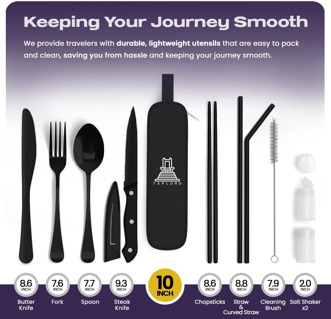 Taplord Portable Travel Silverware Set With Case, Includes 10 Pcs of Travel Utensils With Case, Stainless Steel Flatware Set For Camping, Lightweight (Multi-Color)