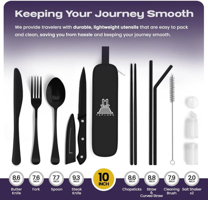 Taplord Portable Travel Silverware Set With Case, Includes 10 Pcs of Travel Utensils With Case, Stainless Steel Flatware Set For Camping, Lightweight (Multi-Color)