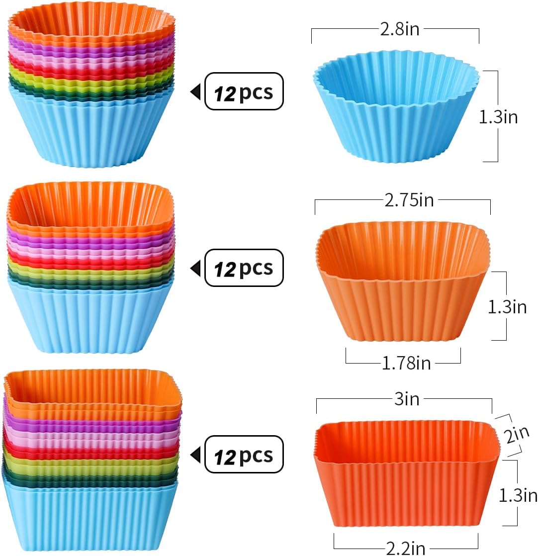 Doiaz Silicone Bento Lunch Box Dividers 3 Shapes of Standard Round & Square & Rectangle - Reusable Silicone Cupcake Liners Non-Stick Muffin Cups for Baking