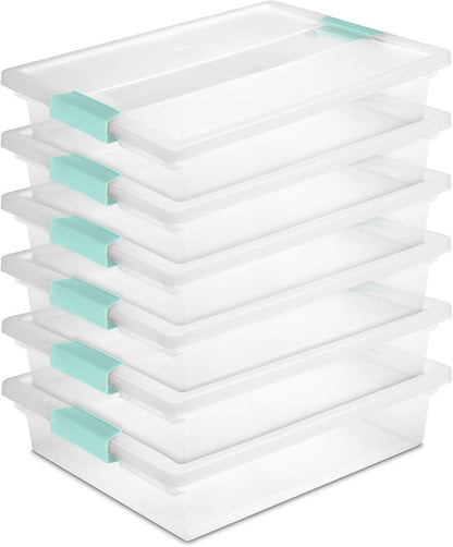 Sterilite Deep Clip Box, Stackable Small Storage Bin with Latching Lid, Plastic Container to Organize Paper, Office, Home, Clear Base and Lid, (Pack of 4)
