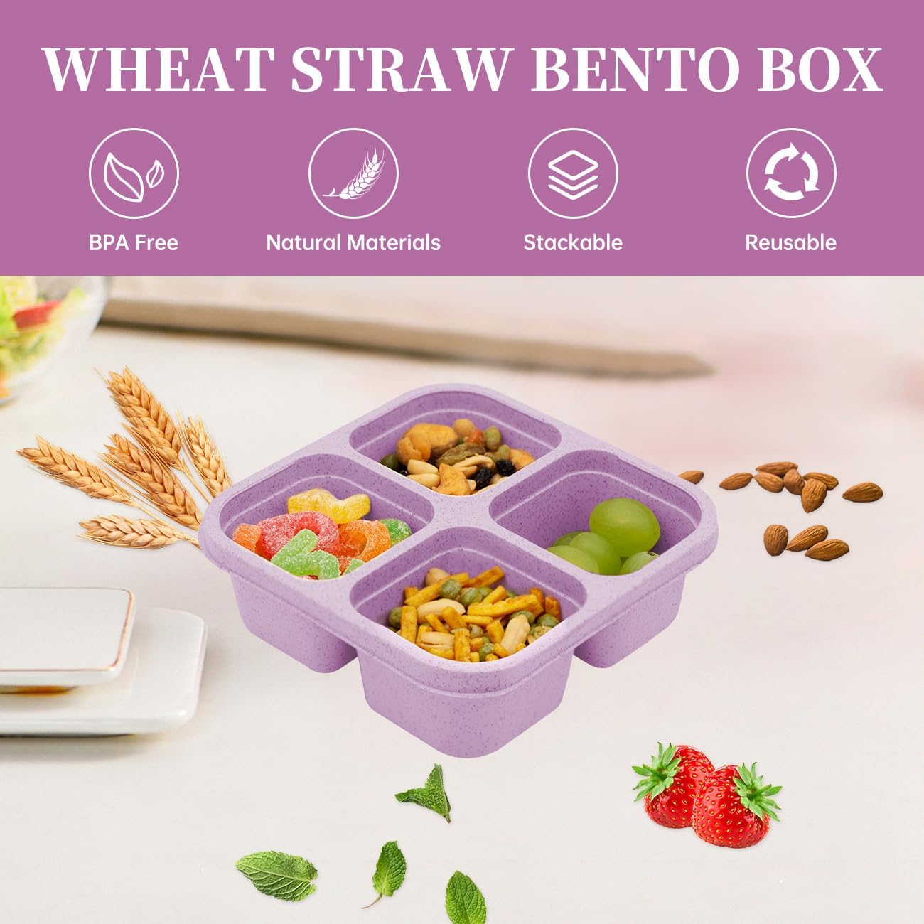 4 pack Bento Lunch Box, Snack Containers，Meal Prep Containers Kids/Toddle/Adults,Food Storage Containers for School, Work and Travel (4 and 3 Compartment Multicolor)