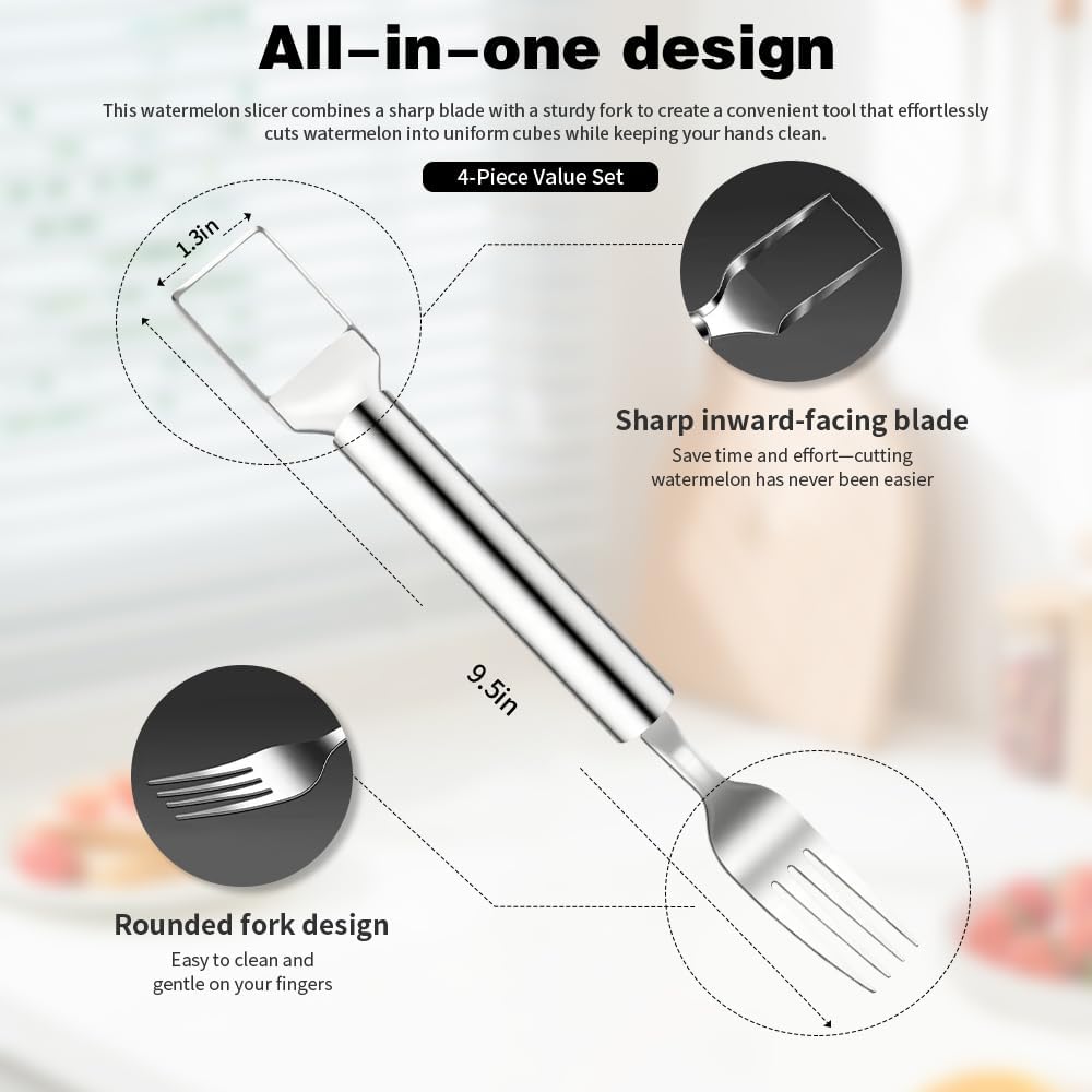 Watermelon Slicer 4pcs 2-in-1 Foldable Stainless Steel Fruit Cutter & Fork, Suitable For Watermelon, Mango,Pineapple, And Other Fruits That Need To Be Cut Into Chunks