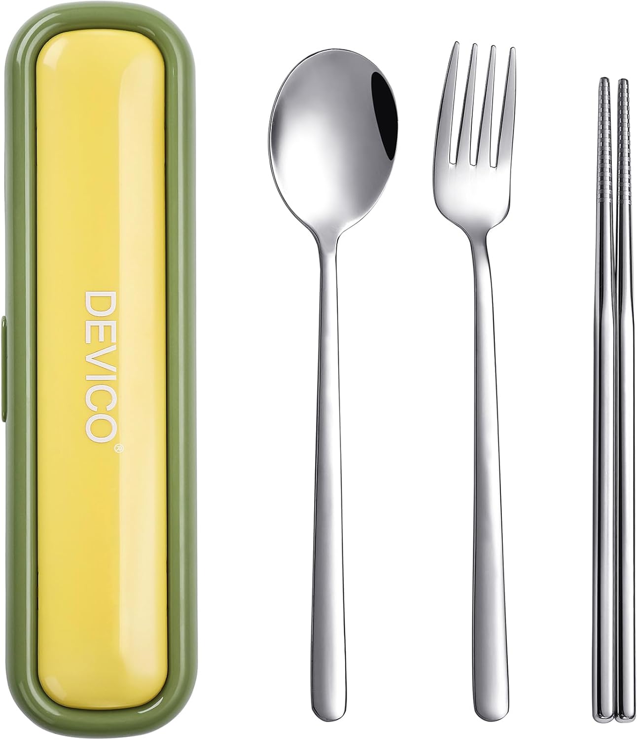 Utensils for Lunch Box, DEVICO Travel Silverware Set with Case, Portable Camping Cutlery, 18/8 Stainless Steel Reusable Korean Spoon Fork Chopsticks for School, Office, Dishwasher Safe (Pink-Purple)