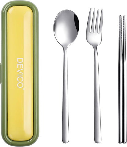 Utensils for Lunch Box, DEVICO Travel Silverware Set with Case, Portable Camping Cutlery, 18/8 Stainless Steel Reusable Korean Spoon Fork Chopsticks for School, Office, Dishwasher Safe (Pink-Purple)