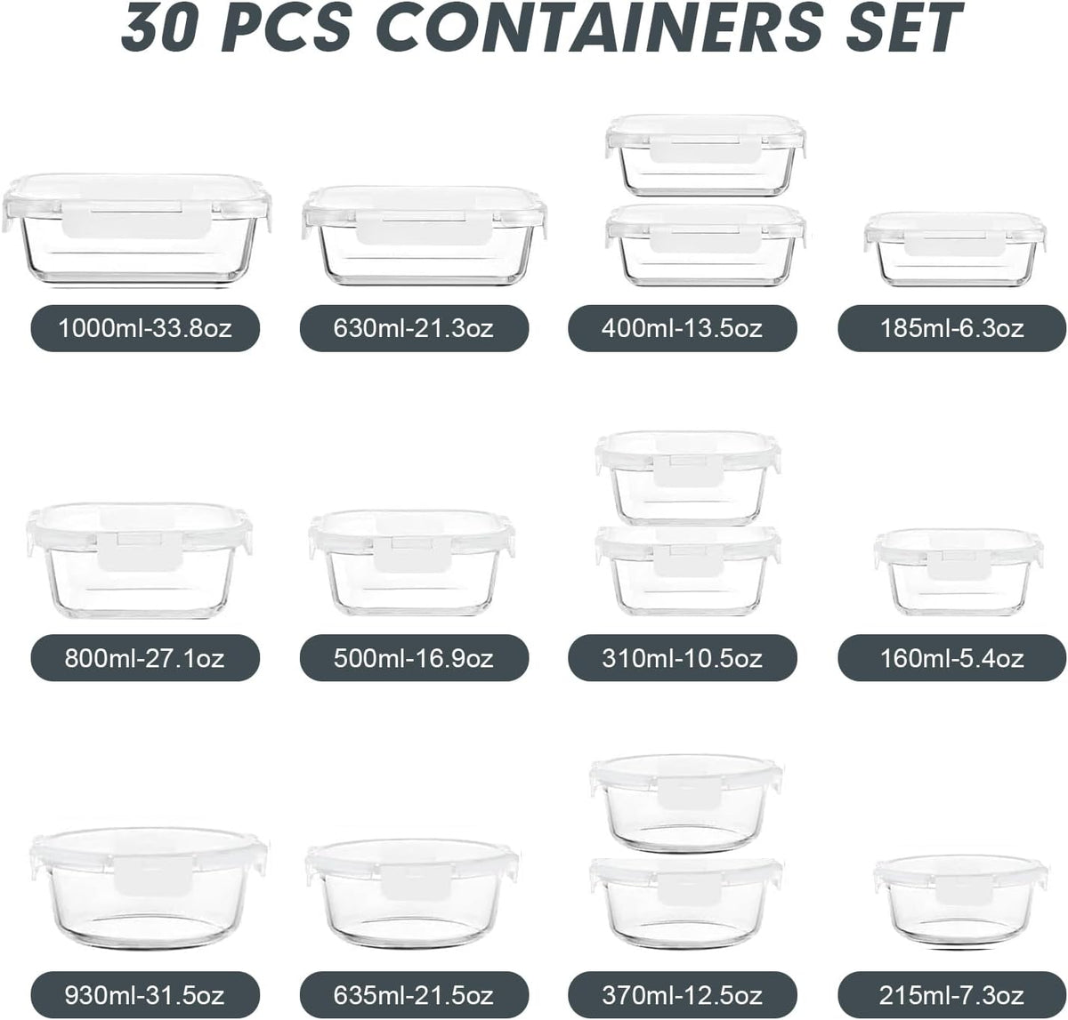 VERONES 30 Pieces Glass Meal Prep Containers Set, Stackable Glass Food Storage Containers with Lids-Airtight Lunch Containers，for Microwave, Oven, Freezer & Dishwasher,Grey
