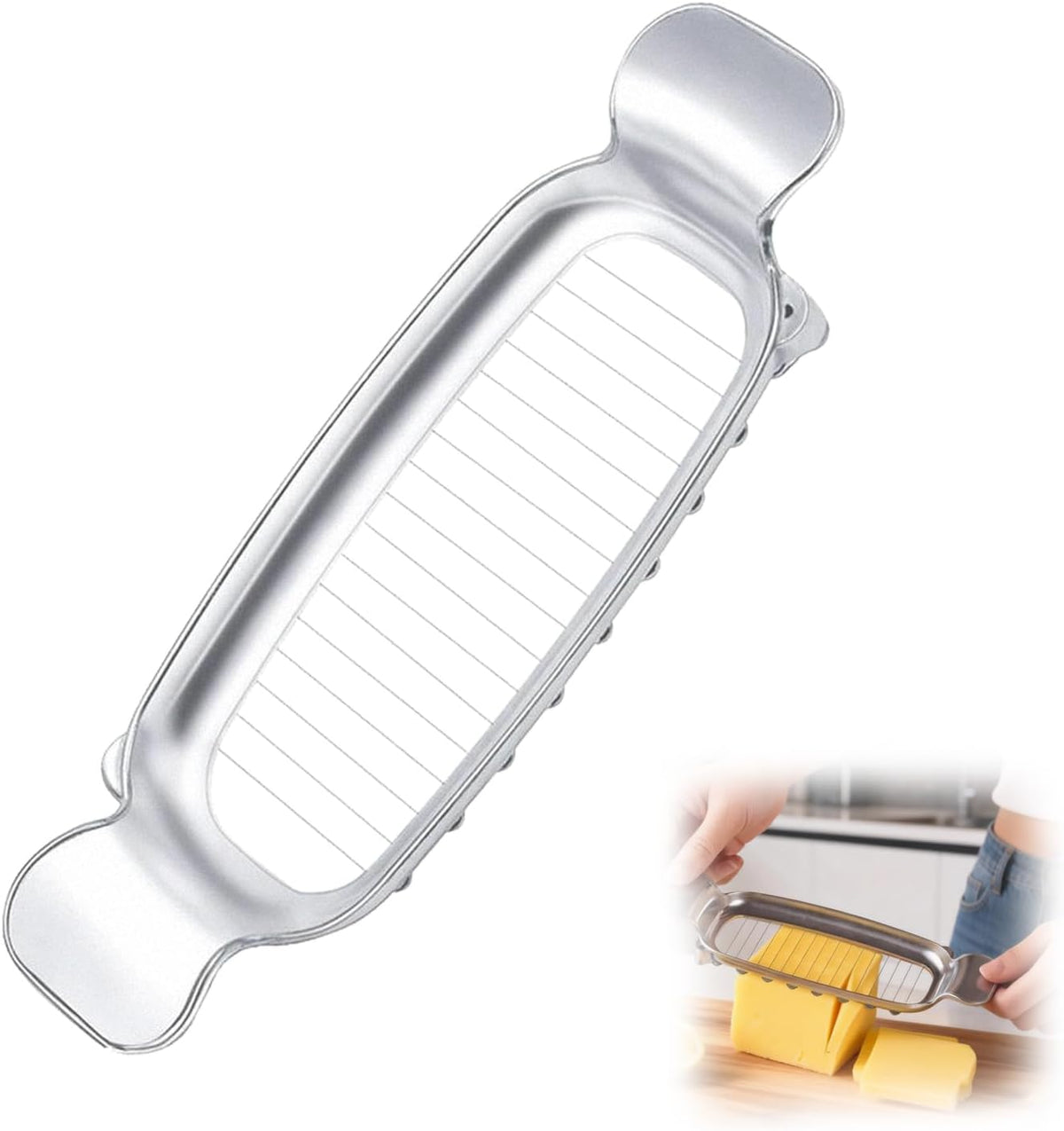Butter Slicer Cutter & Cheese Cutter–Multi-Use Kitchen Tool for Evenly Slicing Butter Blocks, Cheeses, Eggs & Soft Fruits–Non-Stick，Compact & Portable for Home, BBQ, Camping（)