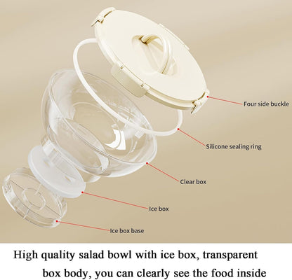 MANO 2pack Large Iced Salad Bowl with Lid and Utensils to Go Ice Chilled Food Serving Containers with Handles for Fruit Veggie Storage for Fridge Refrigerator Party Camping, Picnic, Beige