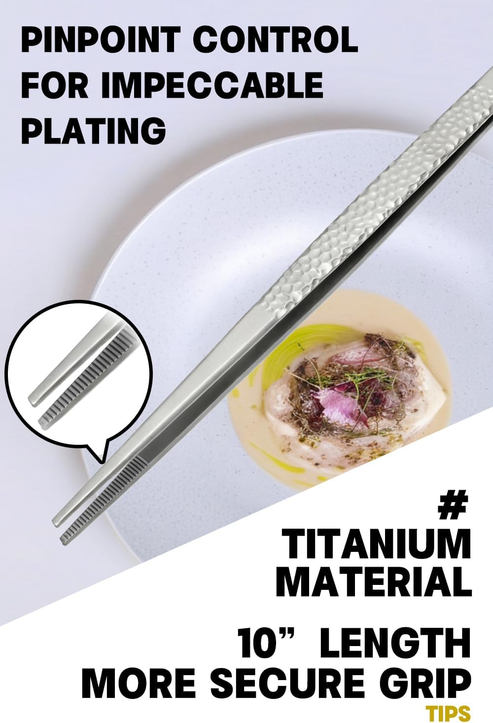 Titanium Kitchen Tweezers Set Professional, Chef Plating Tongs, Ultra Lightweight Non Rust Food Tweezer for Cooking, Baking, Decorating(Silver)