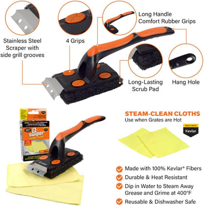 Proud Grill Q-Swiper XL Steam-Clean BBQ Grill Cleaner Set - 1 Bristle & Wire-Free Brush with Scraper, 2 Kevlar Steam Clean Cloths & 1 Water Tray, Grease & Grime Remover, Outdoor Barbecue Accessories