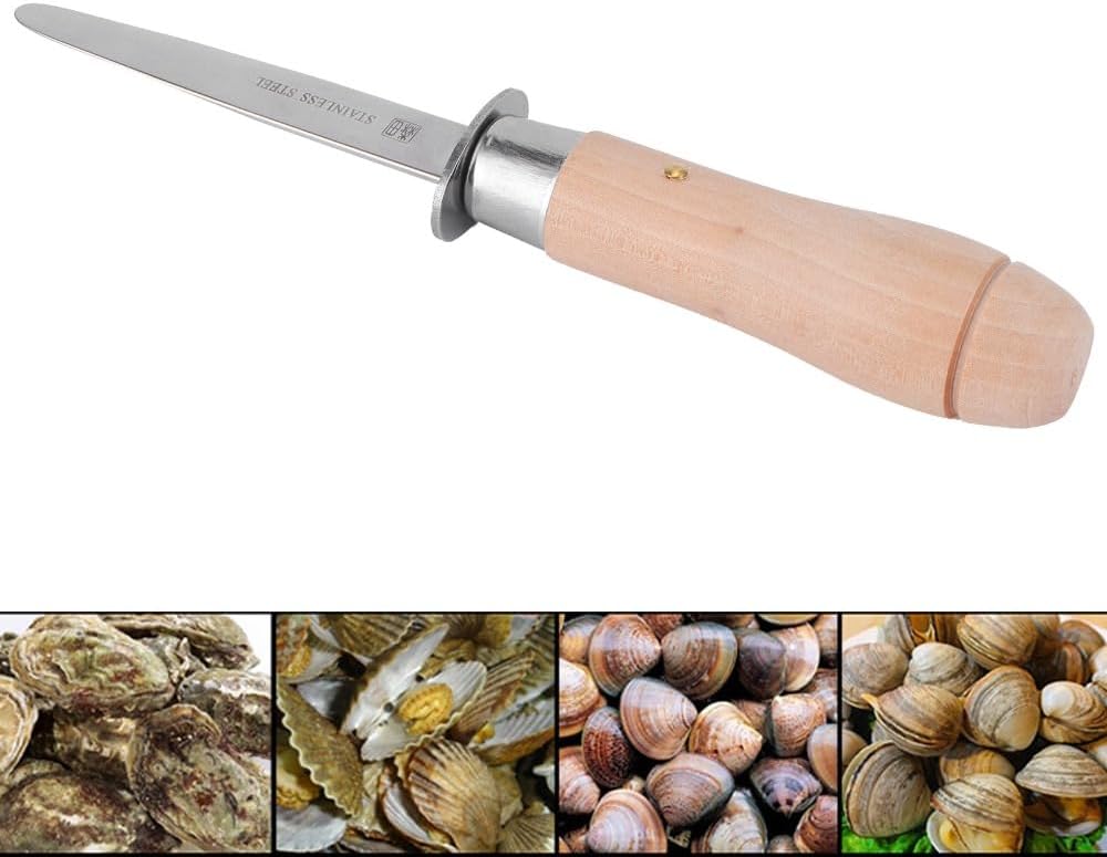 Stainless Steel Oyster Knife 8.19 Inch - Ergonomic Wooden Handle Oyster Opener Tool for Effortless Shucking of Clams and Mussels Seafood