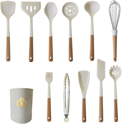 12-Piece Silicone Kitchen Utensil Set with Wooden Handles & Storage Holder, BPA-Free Heat Resistant Non-Stick Cooking Tools for Frying, Baking & Serving (Ivory White)