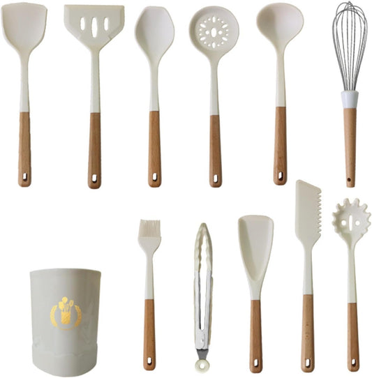 12-Piece Silicone Kitchen Utensil Set with Wooden Handles & Storage Holder, BPA-Free Heat Resistant Non-Stick Cooking Tools for Frying, Baking & Serving (Ivory White)