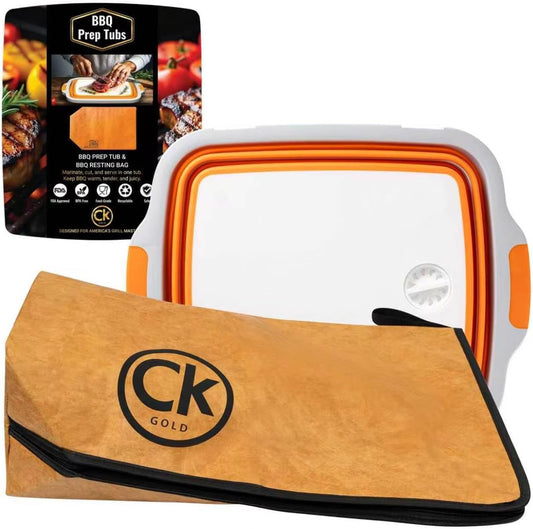 XL Prep Tubs & BBQ Blanket Gift Bundle : 1 XXL Prep Tub + 1 Meat Resting Bag | Ultimate BBQ Gift for Pitmasters, Brisket, Ribs, Turkey, Pulled Pork & Outdoor Cooking (Orange)