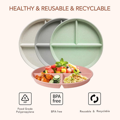 greenandlife 9 Inch 4PCS Portion Control Plates with Lids, Divided Plates for Kids Adults, Dishwasher Microwave Safe Compartment Plate, Unbreakable Lightweight Reusable Wheat Straw Plate, Earth Tone