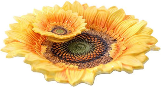 Ceramic Chip & Dip Platter,11 inches Double Layer Hand-painted Yellow Decorated Plate -Sunflower