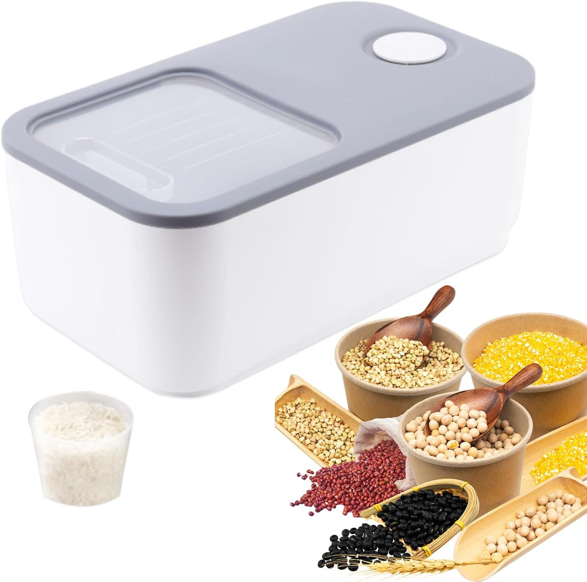 Rice Airtight Storage Containe,Rice Storage Container,Dry Food Storage, Lid 22 Lbs Push-Pull Rice Bucket, Flour Storage Container with Rolling Wheel, Grain Container Pantry Organization (Grey)