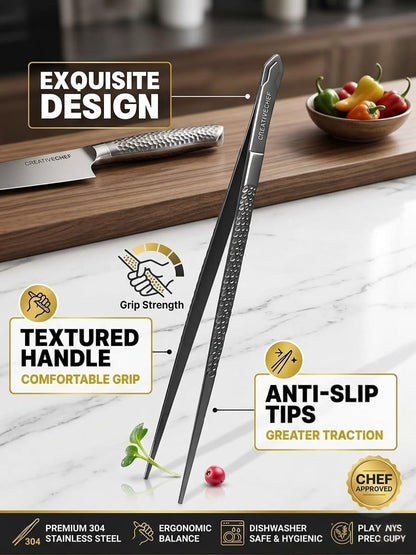 CREATIVECHEF Chef Tweezer Tongs, Professional Kitchen Tweezers, Precision Tweezer Tongs for Cooking, BBQ, Plating, Stainless Steel, Black (2)