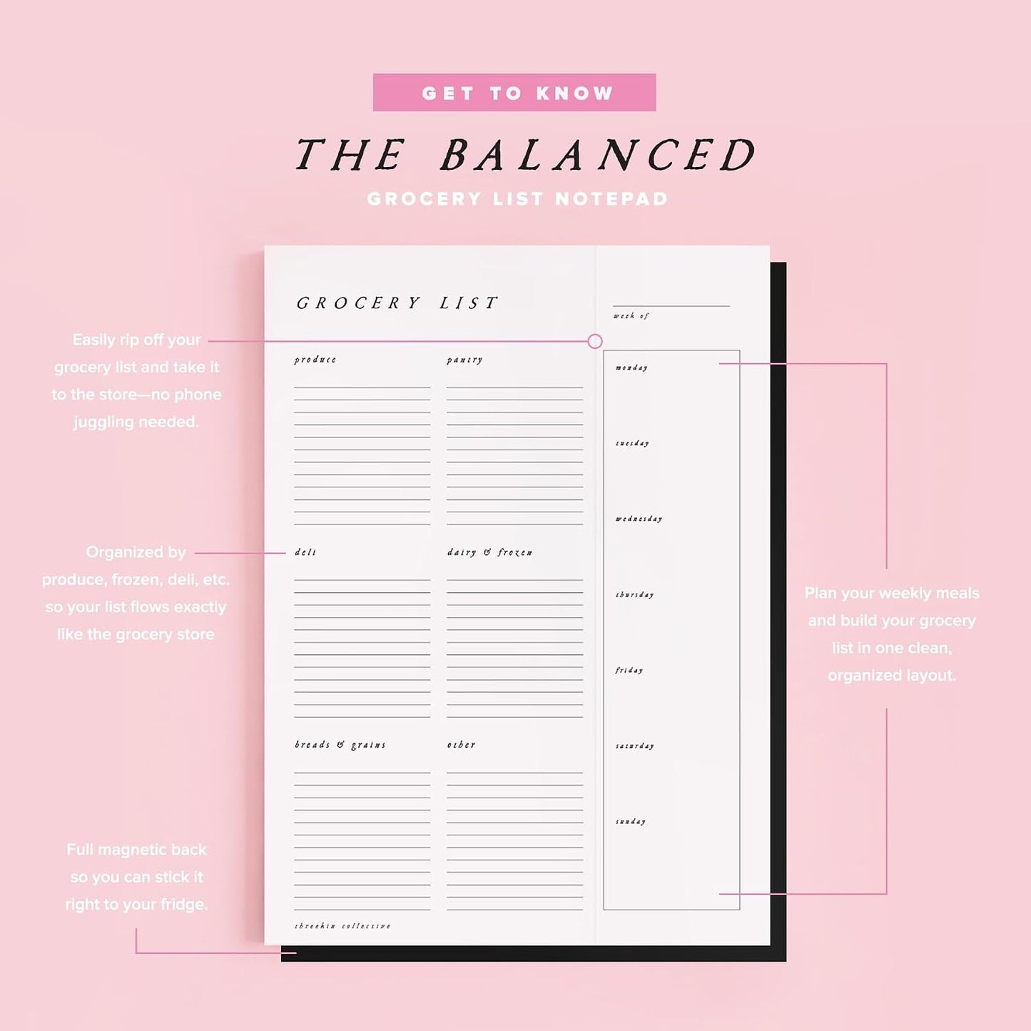 ThreeKin Collective Grocery List & Meal Planner Notepad, 6.5 x 9 Inch, 52 Tear-Off Sheets, Magnetic Back, Weekly Meal Planning & Organized Shopping List Pad