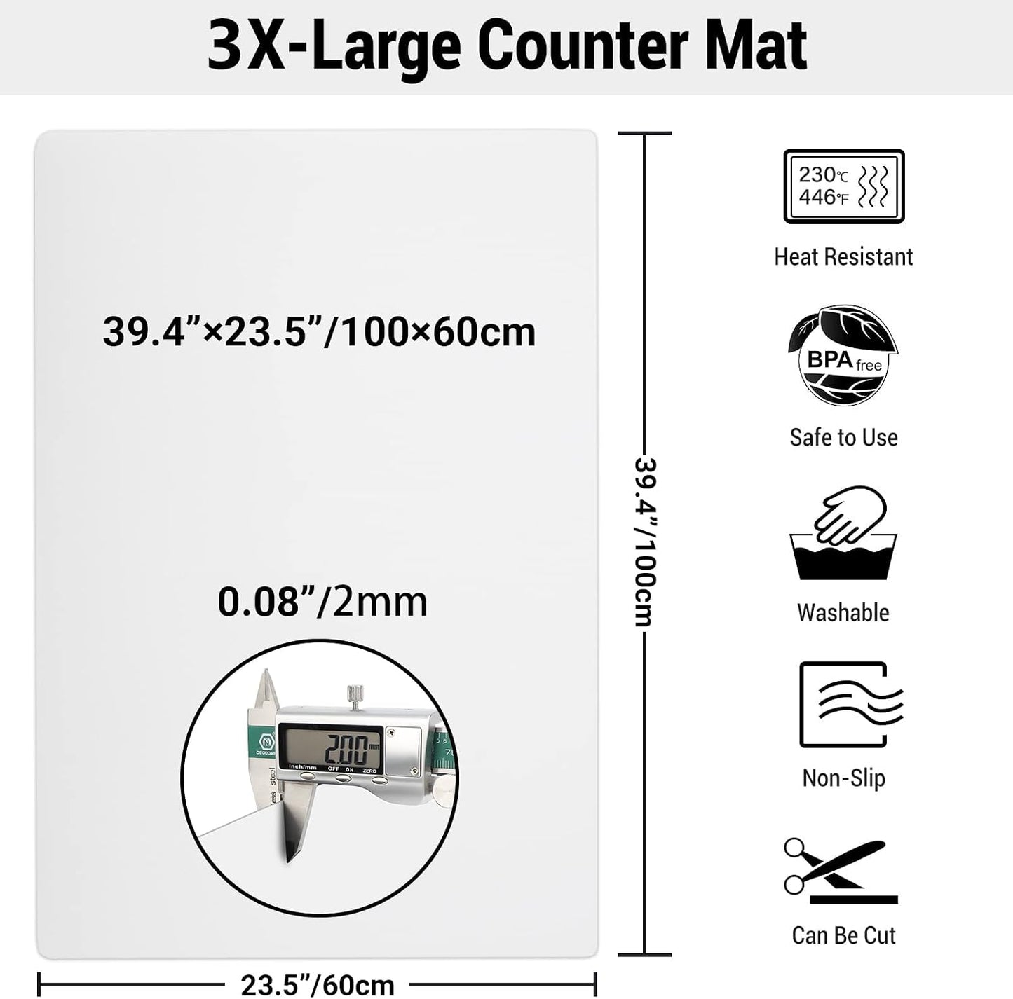Ewen 25.6x17.7in Large Silicone Kitchen Counter Mat, 2mm Thick Heat Resistant Countertop Protector, Baking Silicone Mat under Air Fryer Toaster Oven Microwave Coffee Maker Cutting Board Drill Black