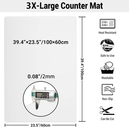 Ewen 25.6x17.7in Large Silicone Kitchen Counter Mat, 2mm Thick Heat Resistant Countertop Protector, Baking Silicone Mat under Air Fryer Toaster Oven Microwave Coffee Maker Cutting Board Drill Black