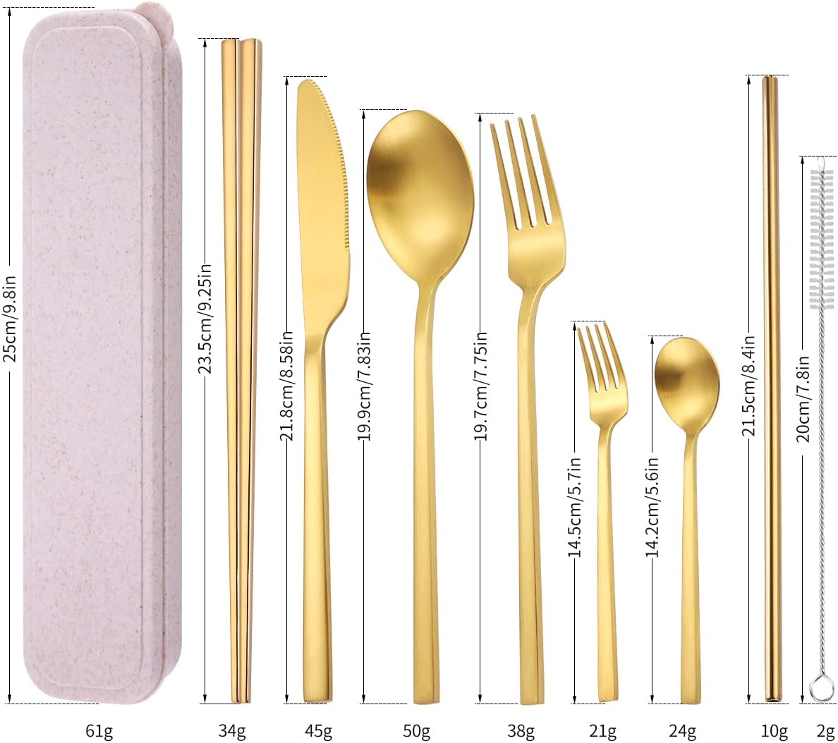 AARAINBOW 8 Pieces Stainless Steel Flatware Set Portable Reusable Cutlery Set Travel Utensils Set Including Chopsticks Knife Fork Spoon Straws Cleaning Brush Dishwasher Safe (Pink Golden)