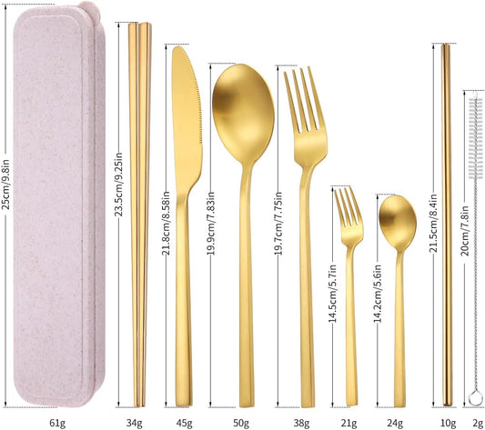 AARAINBOW 8 Pieces Stainless Steel Flatware Set Portable Reusable Cutlery Set Travel Utensils Set Including Chopsticks Knife Fork Spoon Straws Cleaning Brush Dishwasher Safe (Pink Golden)