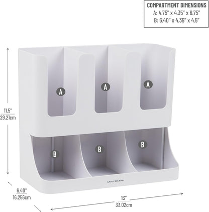 Mind Reader Cup and Condiment Station, 13 Inch Countertop Coffee Bar Organizer with 6 Compartments, Storage Caddy for Cups, Lids and Packets, Plastic, Black