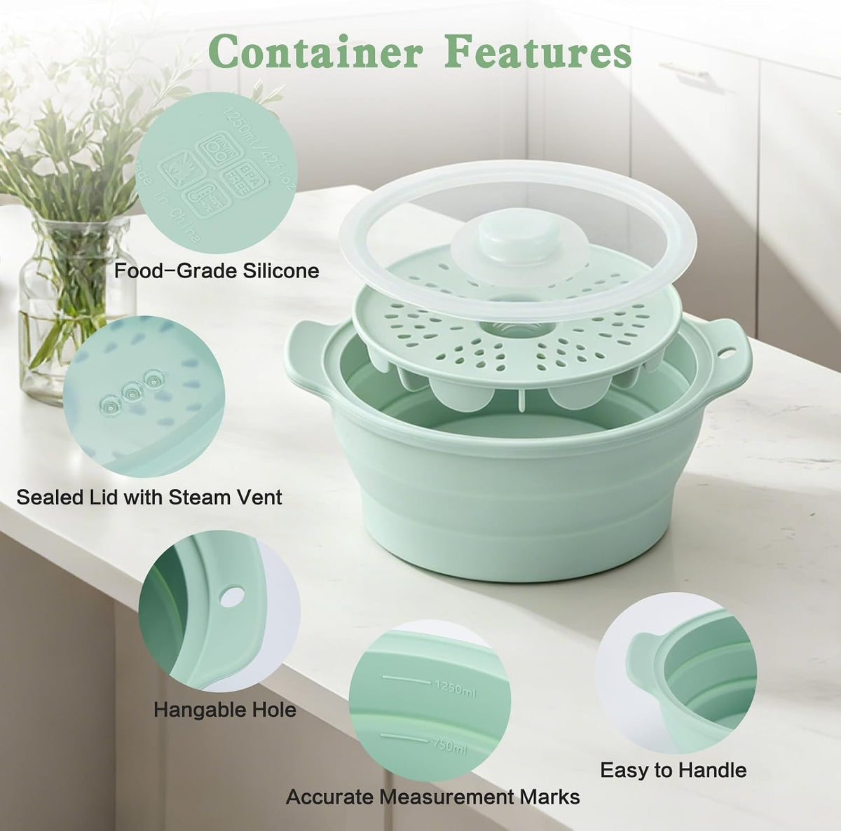 42oz Upgraded Silicone Foldable Microwave Steamer (Light Green)