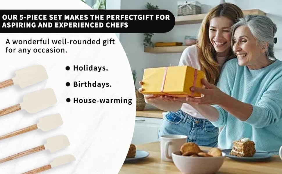 Ptanexx 5-Pcs Wooden Handle Silicone Spatula Set - Heat Resistant up to 428°F.Baking Spatulas for Batter Mixing, Cooking, Jar Scraping, Frosting & More | BPA FREE Gadgets for Non-Stick Cookware