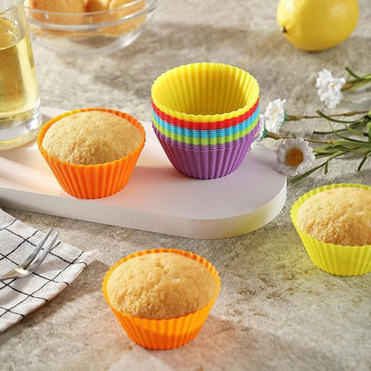 12 Pack Reusable Silicone Baking Cups Set(2.8" Lx1.4" H), Non-stick Muffin Liners, Easy To Clean & Heat-resistant Muffin Molds for Party Birthday Halloween Christmas(Multicolor)