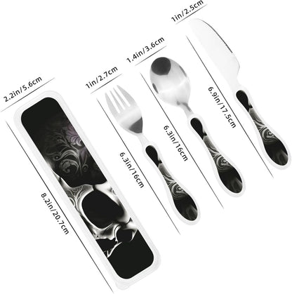 3-Piece Kids Silverware Set With Storage Case, Stainless Steel Reusable Children Safe Knife Spoon Fork Set Black And White Grid Children Flatware Set For Kids Lunch Box