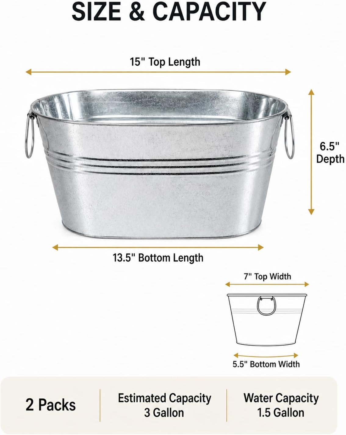2 Pack 3 Gallon Galvanized Tub Ice Bucket, 15x7x6.5" Metal Drink Buckets for Parties, Leak-Proof Beer Beverage Tubs with Handles for Champagne Wine Mimosa Bar Supplies (White)
