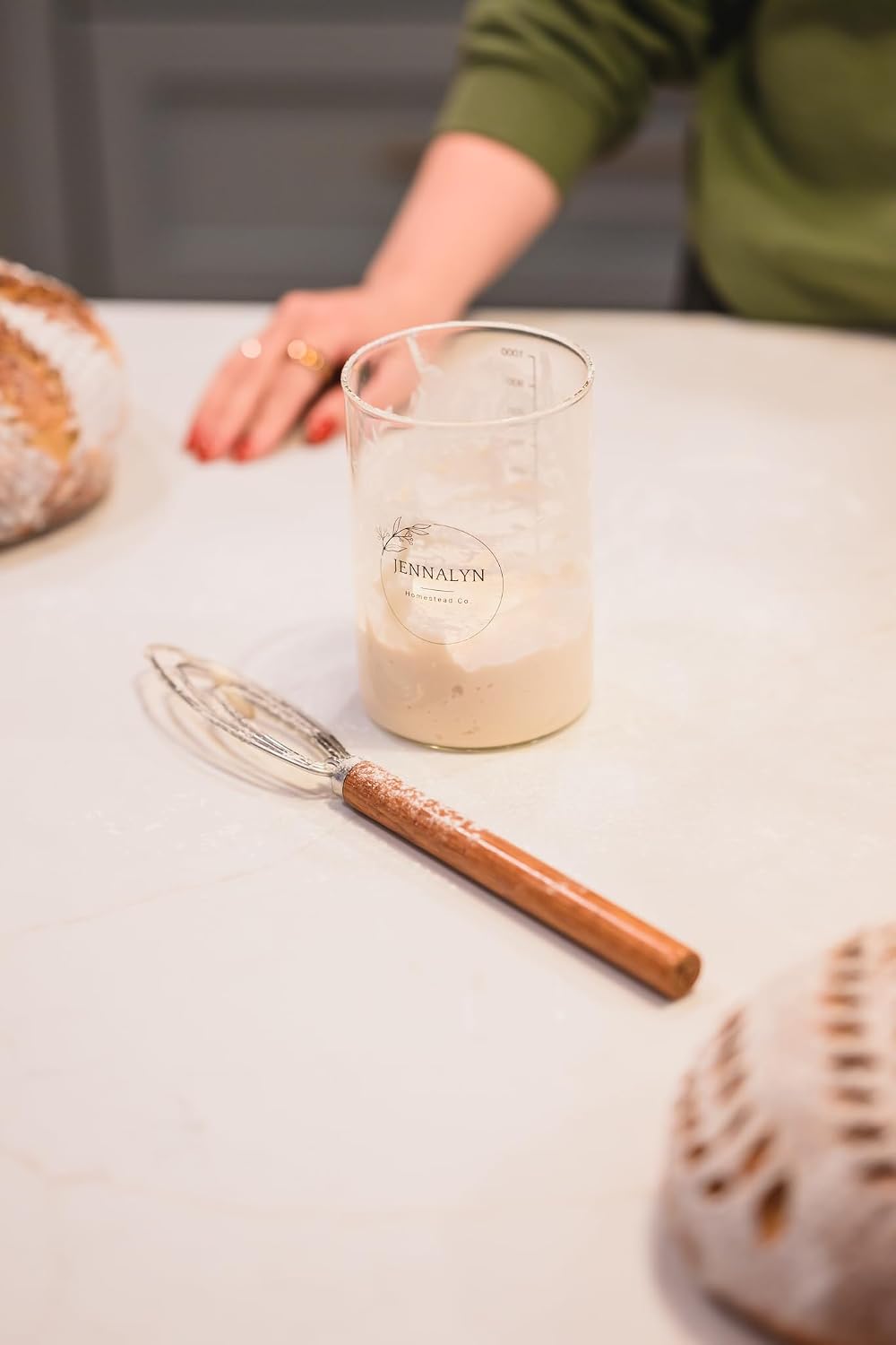 Sourdough Starter Jar Whisk - Easily Mix Thick Starter Dough; Rounded Edges and Tip Scrapes Side and Bottom of Jar Clean; Essential Sourdough Whisking Tool; Teak Wood and Stainless Steel Hand Whisk