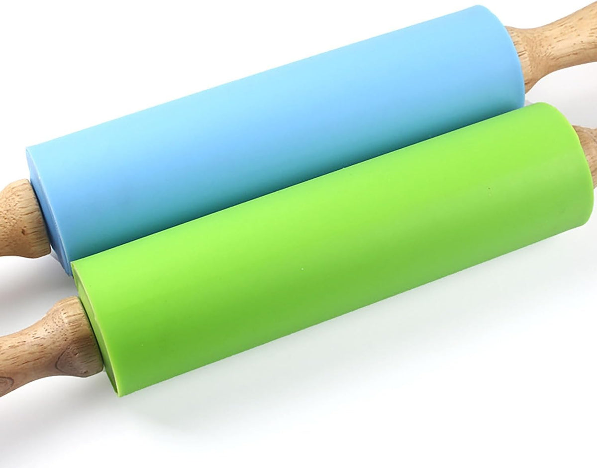 Silicone Rolling Pin, Green 9 Inch Pin with Wooden Rotatable Handle for Dough of Baking Bread, Cookie, Pizza (green, 9 inch)