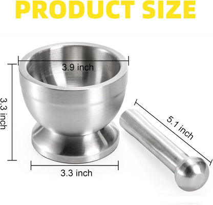 Bekith Mortar and Pestle Sets 18/8 Brushed Stainless Steel Spice Grinder Pill Crusher Molcajete Herb Bowl