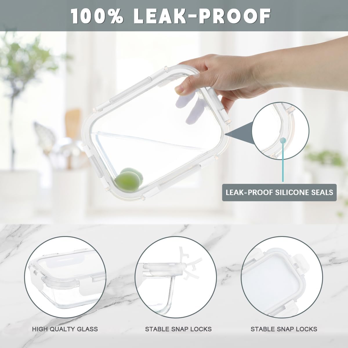 KAMOTA Glass Food Storage Containers, 10 Pack Glass Meal Prep Containers, Airtight Containers with Snap-Lock Lids, 34 oz and 13 oz white Container Set with Lids, for Microwave/Oven/Freezer